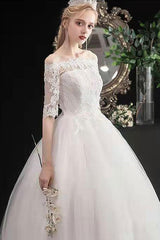 Latest Cheap Wedding Dresses Eric White Off The Shoulder Half Sleeves Ball Gown Soft Tulle Lace Up Long Bride Dresses-Dbrbridal