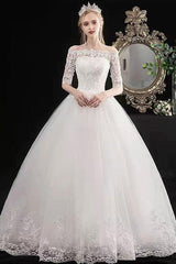Latest Cheap Wedding Dresses Eric White Off The Shoulder Half Sleeves Ball Gown Soft Tulle Lace Up Long Bride Dresses-Dbrbridal