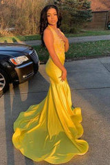 Latest V-Neck Halter Appliques Brush Train Mermaid Prom Dresses-Dbrbridal