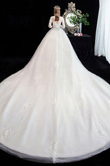 Latest White Wedding Dress Ball Gown Cathedral Train Jewel Neck 3/4 Length Sleeves Applique Satin Fabric Bridal Gowns-Dbrbridal