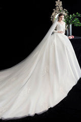 Latest White Wedding Dress Ball Gown Cathedral Train Jewel Neck 3/4 Length Sleeves Applique Satin Fabric Bridal Gowns-Dbrbridal