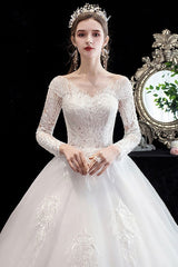 Latest White Wedding Dress Ball Gown Cathedral Train Jewel Neck 3/4 Length Sleeves Applique Satin Fabric Bridal Gowns-Dbrbridal