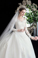 Latest White Wedding Dress Ball Gown Cathedral Train Jewel Neck 3/4 Length Sleeves Applique Satin Fabric Bridal Gowns-Dbrbridal