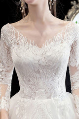 Latest White Wedding Dress Ball Gown Cathedral Train Jewel Neck 3/4 Length Sleeves Applique Satin Fabric Bridal Gowns-Dbrbridal