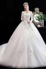 Latest White Wedding Dress Ball Gown Cathedral Train Jewel Neck 3/4 Length Sleeves Applique Satin Fabric Bridal Gowns-Dbrbridal