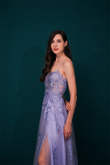Lavender Spaghetti-Straps Lace Appliques High split Prom Dress-Dbrbridal