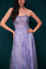 Lavender Spaghetti-Straps Lace Appliques High split Prom Dress-Dbrbridal