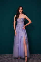 Lavender Spaghetti-Straps Lace Appliques High split Prom Dress-Dbrbridal