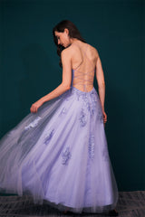 Lavender Spaghetti-Straps Lace Appliques High split Prom Dress-Dbrbridal