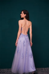 Lavender Spaghetti-Straps Lace Appliques High split Prom Dress-Dbrbridal