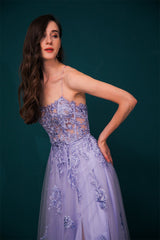 Lavender Spaghetti-Straps Lace Appliques High split Prom Dress-Dbrbridal