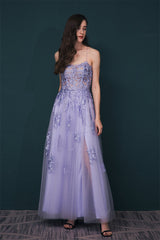 Lavender Spaghetti-Straps Lace Appliques High split Prom Dress-Dbrbridal