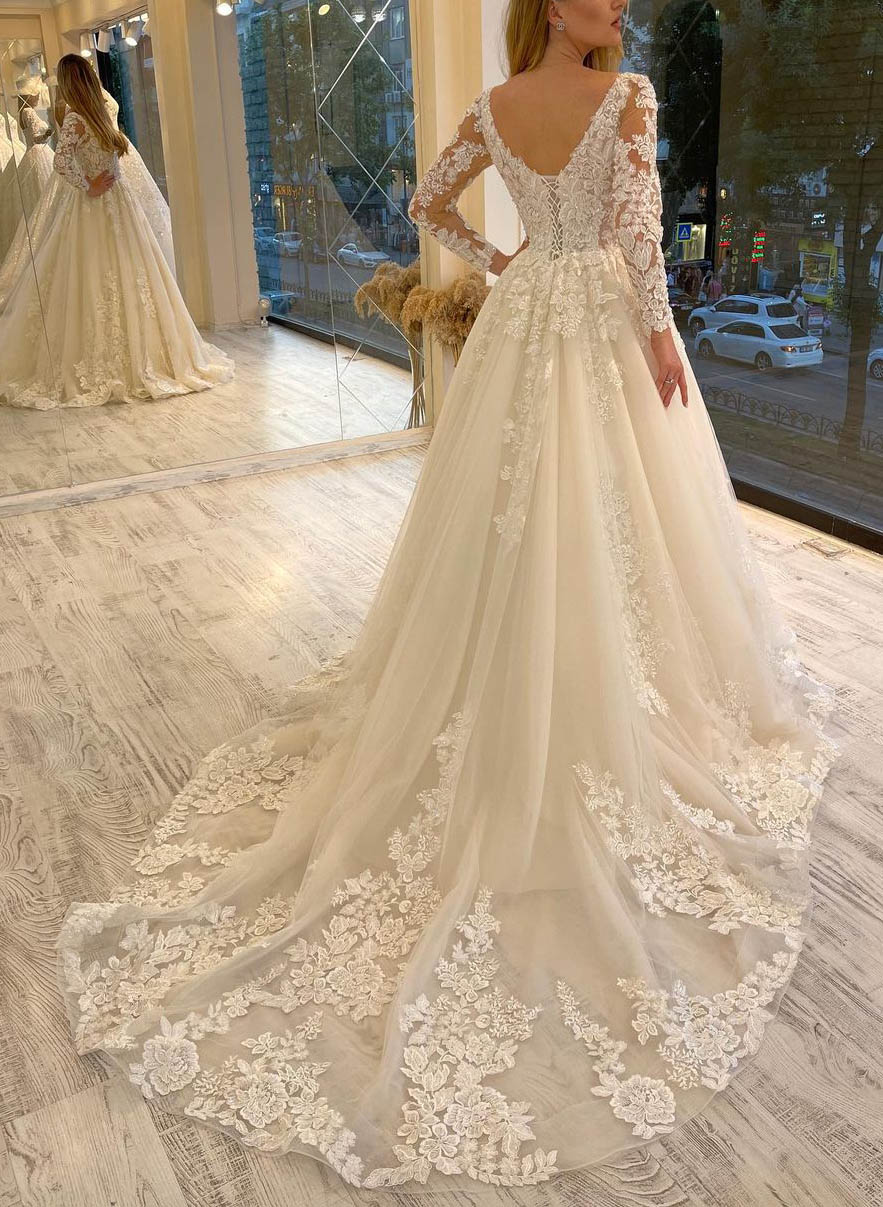 Lavish Lace V-Neck Long Sleeves Chic A-line Wedding Dresses – Dbrbridal