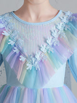 Light Blue Designed Neckline Polyester Sleeveless Short A-Line Polyester Cotton Tulle Sequins Kids Social Party Dresses-Dbrbridal