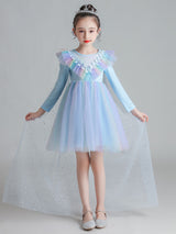 Light Blue Designed Neckline Polyester Sleeveless Short A-Line Polyester Cotton Tulle Sequins Kids Social Party Dresses-Dbrbridal