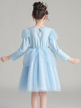 Light Blue Jewel Neck Polyester Cotton Long Sleeves Short A-Line Beaded Formal Kids Pageant flower girl dresses-Dbrbridal