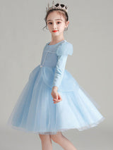 Light Blue Jewel Neck Polyester Cotton Long Sleeves Short A-Line Beaded Formal Kids Pageant flower girl dresses-Dbrbridal