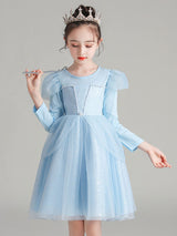 Light Blue Jewel Neck Polyester Cotton Long Sleeves Short A-Line Beaded Formal Kids Pageant flower girl dresses-Dbrbridal