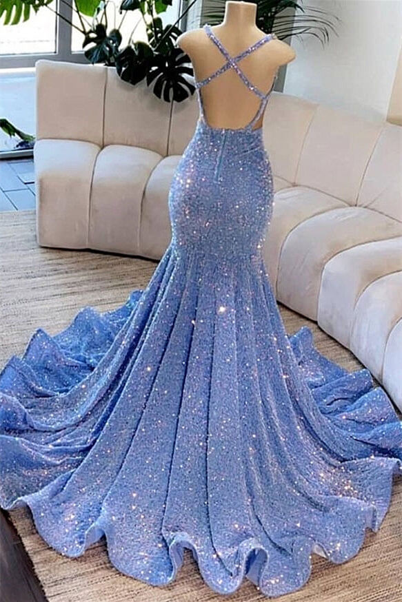 Light Blue Mermaid Prom Dress with Sleeveless Scoop Neckline and Sequi