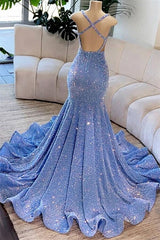 Light Blue Mermaid Prom Dress with Sleeveless Scoop Neckline and Sequin Beadings-Dbrbridal