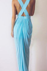 Light Blue Prom Dresses V-Neck Ruffles Sleeveless Chic Split Sloor Length Beach Evening Gowns-Dbrbridal