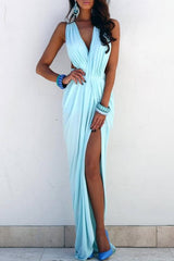 Light Blue Prom Dresses V-Neck Ruffles Sleeveless Chic Split Sloor Length Beach Evening Gowns-Dbrbridal