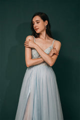 Light blue Sheer Gorgeous Appliques Prom Dress-Dbrbridal