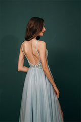 Light blue Sheer Gorgeous Appliques Prom Dress-Dbrbridal