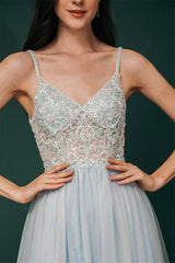 Light blue Sheer Gorgeous Appliques Prom Dress-Dbrbridal