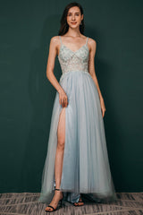 Light blue Sheer Gorgeous Appliques Prom Dress-Dbrbridal