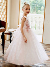 Light Pink Jewel Neck Lace Sleeveless Ankle-Length A-Line Sash Kids Social Party Dresses-Dbrbridal