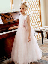 Light Pink Jewel Neck Lace Sleeveless Ankle-Length A-Line Sash Kids Social Party Dresses-Dbrbridal