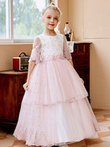 Light Pink Jewel Neck Short Sleeves Sash Lace Tulle Formal Kids Pageant flower girl dresses-Dbrbridal