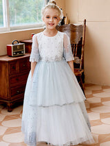 Light Pink Jewel Neck Short Sleeves Sash Lace Tulle Formal Kids Pageant flower girl dresses-Dbrbridal