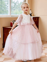 Light Pink Jewel Neck Short Sleeves Sash Lace Tulle Formal Kids Pageant flower girl dresses-Dbrbridal