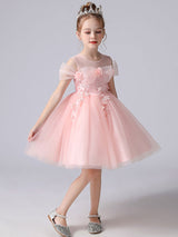 Light Pink Jewel Neck Short Sleeves Short A-Line Flowers Kids Party Dresses-Dbrbridal