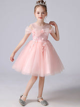 Light Pink Jewel Neck Short Sleeves Short A-Line Flowers Kids Party Dresses-Dbrbridal