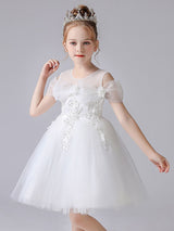 Light Pink Jewel Neck Short Sleeves Short A-Line Flowers Kids Party Dresses-Dbrbridal