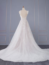 Light Pink Wedding Dresses A Line V-Neck Sleeveless Backless Long Lace Bridal Gown-Dbrbridal