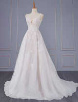 Light Pink Wedding Dresses A Line V-Neck Sleeveless Backless Long Lace Bridal Gown-Dbrbridal