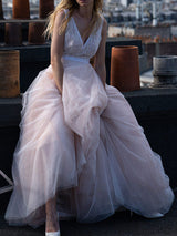 Light Pink Wedding Dresses Tulle V-Neck Sleeveless A-Line Bridal Dresses-Dbrbridal