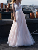 Light Pink Wedding Dresses Tulle V-Neck Sleeveless A-Line Bridal Dresses-Dbrbridal