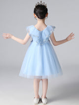 Light Sky Blue Designed Neckline Tulle Sleeveless Short A-Line Embroidered Kids Social Party Dresses-Dbrbridal