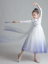 Light Sky Blue Jewel Neck Polyester Long Sleeves Tea-Length A-Line Polyester Cotton Tulle Sequins Formal Kids Pageant flower girl dresses-Dbrbridal