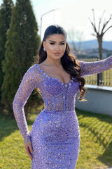 Lilac Mermaid Prom Dresses with Long Sleeves Sequins Beadings and Pearls-Dbrbridal