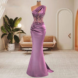 Lilac One Shoulder Mermaid Prom Dress with Beads-Dbrbridal