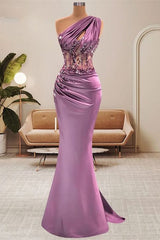 Lilac One Shoulder Mermaid Prom Dress with Beads-Dbrbridal