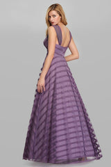 Long A-line V-Neck Tulle Satin Formal Prom Dresses-Dbrbridal