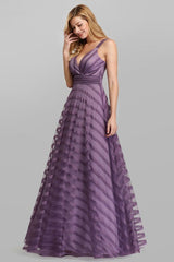 Long A-line V-Neck Tulle Satin Formal Prom Dresses-Dbrbridal