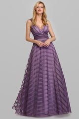 Long A-line V-Neck Tulle Satin Formal Prom Dresses-Dbrbridal